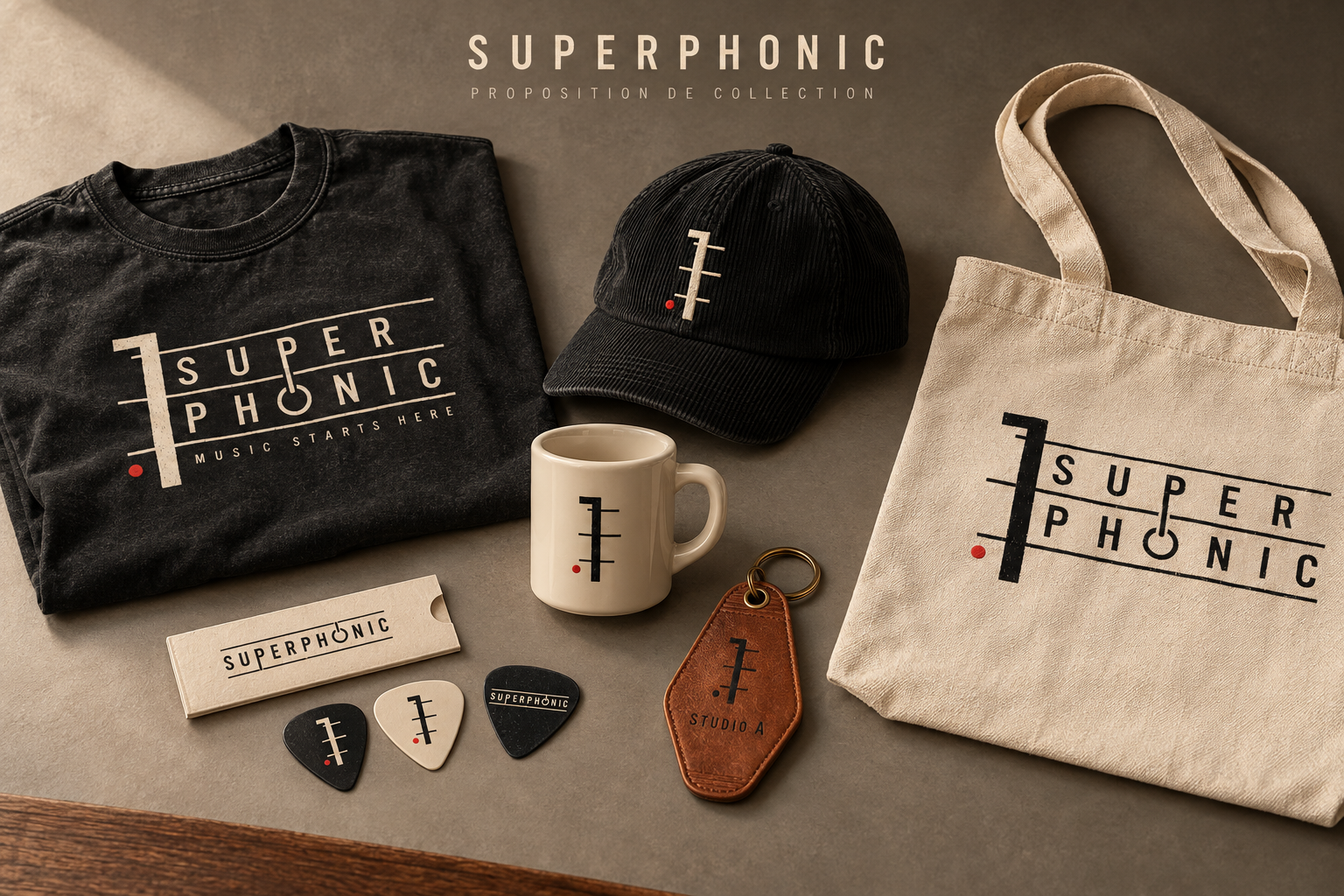 Proposition de collection Superphonic : T-shirt noir, casquette, mug, médiators, porte-clés et sac écru
